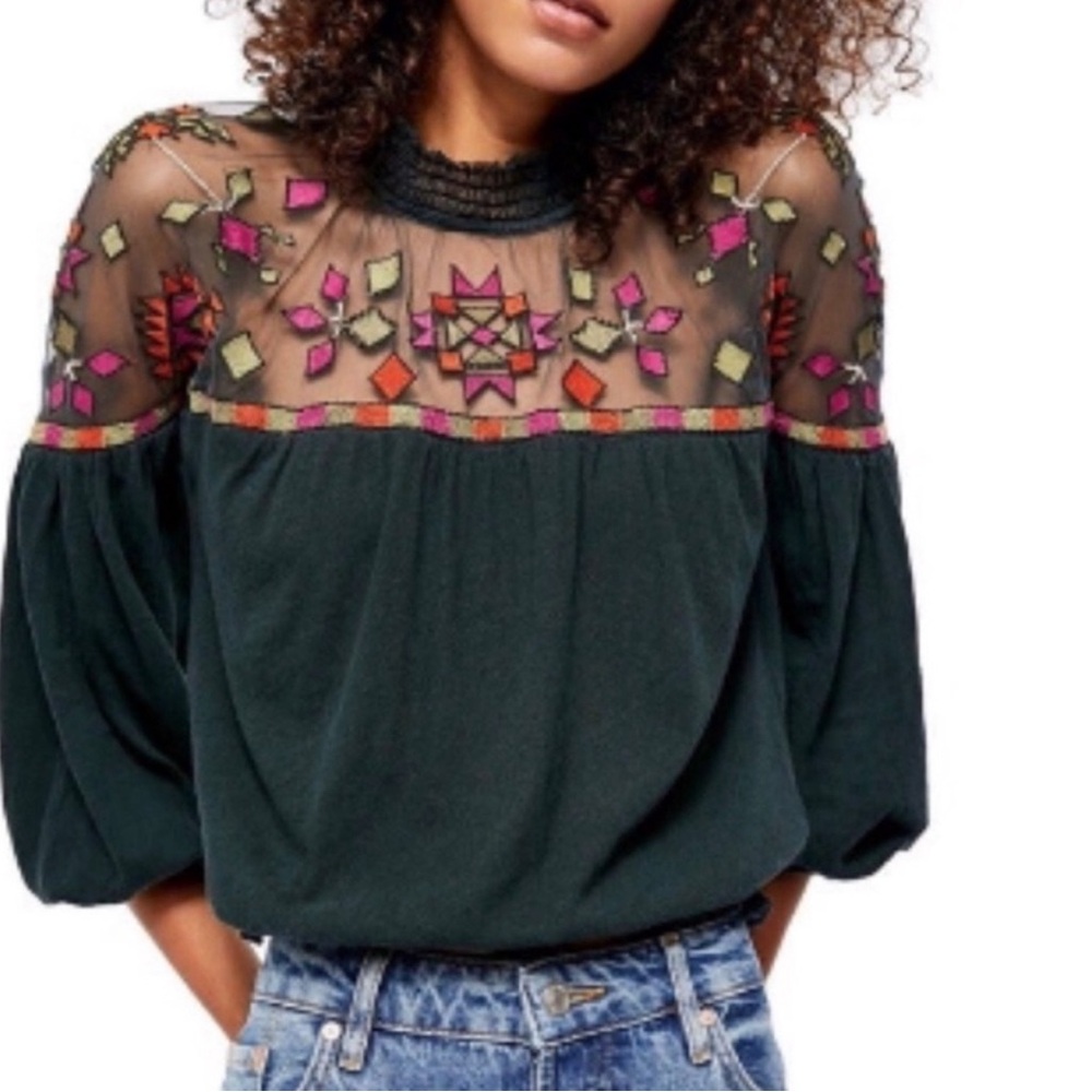 Free People Monday Morning top Green Mesh Embroidered size XL